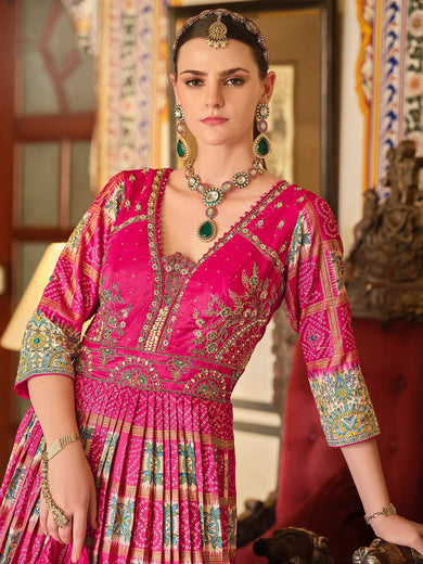 Stunning Pink Bandhani Printed Silk Event Wear Gown With Dupatta